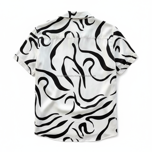 Chemise décontractée à manches courtes pour homme, imprimé abstrait tourbillonnant blanc et noir, chemise de plage d'été, col cubain, style hawaïen, respirante - Product Image 2