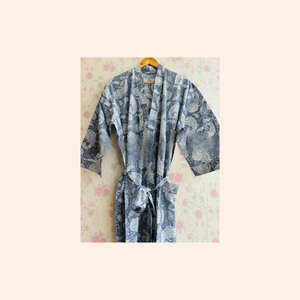 Robe kimono en coton imprimé à la main avec motifs floraux, 100% coton, peignoir pour femmes, pour les saisons printemps, été, automne, hiver - Product Image 2