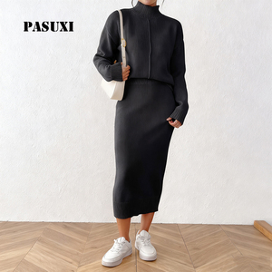 Pasuxi biểu tượng tùy chỉnh của phụ nữ cao cổ đan Áo len bút chì váy thiết lập thời trang giản dị mùa đông hai mảnh Gân Dệt Kim phù hợp với - Product Image 1