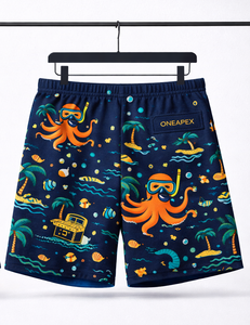 กางเกงชายหาดผู้ชายแบบสั่งทำพิเศษ – กางเกงขาสั้นลำลองพิมพ์ลายการ์ตูนเอวยางยืดพร้อมเชือกผูก (สีกรมท่า) - Product Image 3