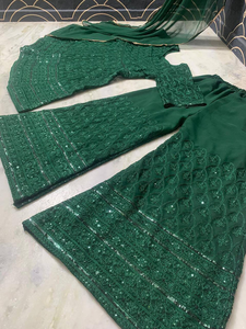 Chikankari Sharara Suit <b>for</b> <b>Women</b> Indian Anarkali Green Kurta With Gharara, 3 Pcs Set Readymade Georgette Indian <b>Ethnic</b> <b>Dress</b> - Product Image 5