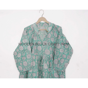 Robe longue indienne en dentelle imprimée numériquement 100 % coton pour femme, manches longues, style bohème, taille haute, coupe trapèze, confortable, décontractée pour l'été - Product Image 2