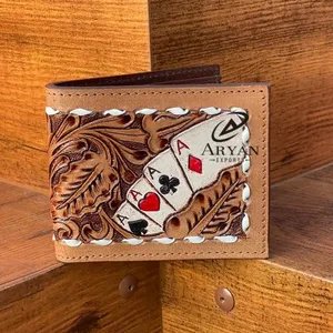 Best Seller Handmade Cowboy Genuine Leather Floral Hand Tooled Western Men's Wallet With Hand Carved Latest Men Luxury Wallet