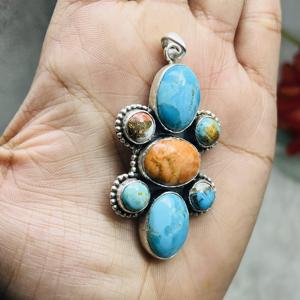 Colgante de turquesa de cobre de ostra, colgante de piedras preciosas de turquesa de Plata de Ley 925, joyería de plata, colgante hecho a mano de diseñador - Product Image 2