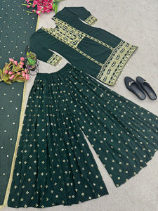 Traje de Sharara étnico paquistaní indio Palazzo Dupatta adultos estampado dibujado a mano tela Georgette de imitación pesada ropa tradicional - Product Image 5