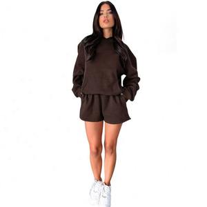 Conjunto de 2 piezas informal personalizado de alta calidad, sudaderas con capucha de gran tamaño para mujer, conjunto corto de algodón de alta calidad, diseño personalizado transpirable de Color sólido - Product Image 4