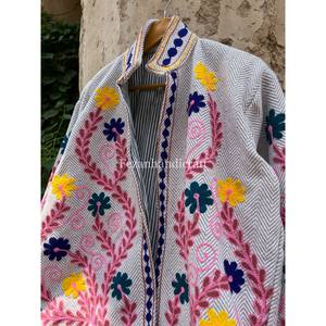 Unisex Short <b>Coat</b> with Designer Cotton Jute Fabric Jacket Uzbek Embroidery Suzani Women's <b>Coat</b> for Autumn - Product Image 4