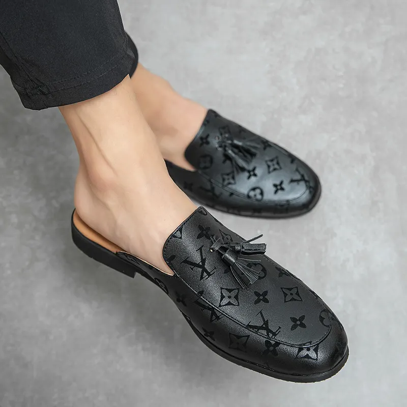 High Quality Black Men Dress Shoes Loafer Patent Leather Slippers Korean Fashion Trend Half Slippers Summer Men's Shoes