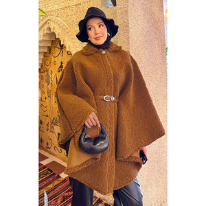 Women's Tan Belted Lamb <b>Poncho</b> Elegant Faux Fur Coats - Product Image 2