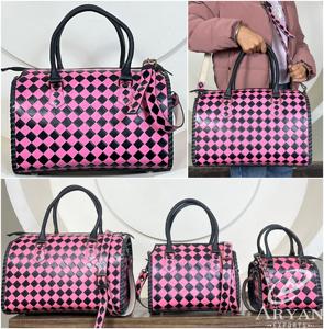New Pink & <b>Black</b> Checkered Hand Tooled Leather <b>Large</b> Speedy Bag Women Designer Top Handle Crossbody Shoulder <b>Handbag</b> Duffel Bags - Product Image 1