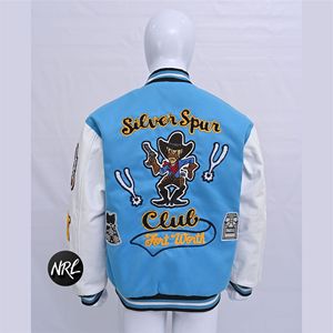 Wholesale High Quality Mens Blue Varsity <b>Jackets</b> With Embroidered Patches And Silver Spur Design Casual Autumn Wear Breathable - Product Image 4