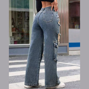 Breathable High Street <b>Women</b> <b>Baggy</b> Trousers High Rise Multi Pockets Faded Washed Denim Wide Leg <b>Cargo</b> Jeans 100% Cotton Jeans - Product Image 5