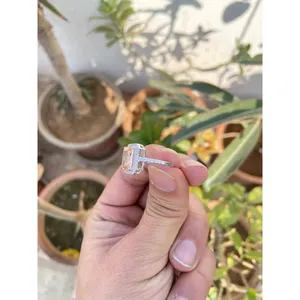 925 <b>Silver</b> Fine Jewelry <b>Emerald</b> Cut Morganite Boho Style <b>Ring</b> Geometric Pattern Bezel Setting - Product Image 4