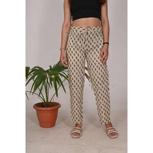 Cómodos pantalones de dormir de algodón para mujer, pijamas estampados en bloque con cintura elástica, pantalones de dormir elegantes - Product Image 1