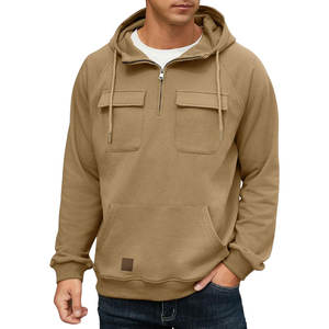 Pull-over à fermeture éclair pour hommes en plein air cargo 1/4 sweat-shirt de sport randonnée à capuche multi-poches vestes tissu 80% coton polyester - Product Image 2