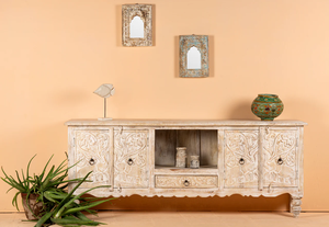 Meuble TV convertible de luxe extensible en bois massif, style ferme moderne, pour salon, avec sculpture artisanale - Product Image 4