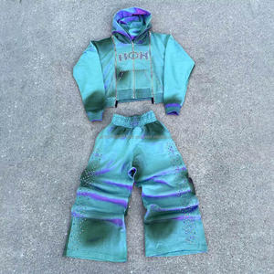 Survêtement vintage personnalisé pour homme, 3 fermetures éclair, délavé soleil, effet délavé à l'huile, streetwear avec strass et sérigraphie - Product Image 3