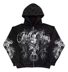 Vintage Zip-Up Rhinestone Fleece <b>Hoodie</b> | <b>Black</b> Men Oversized Zipped Skeleton Face <b>Hoodie</b> - Product Image 2