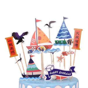 Precio al por mayor impresión personalizada Feliz cumpleaños palillos banderas papel pastel Decoración Artículos suministros accesorios Topper Set