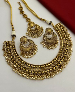 ชุดเครื่องประดับทองเหลืองโบราณคุณภาพสูงชุดสร้อยคอต่างหู Tikka งานหมั้นสำหรับผู้หญิงงานเลี้ยงงานแต่งงาน - Product Image 1