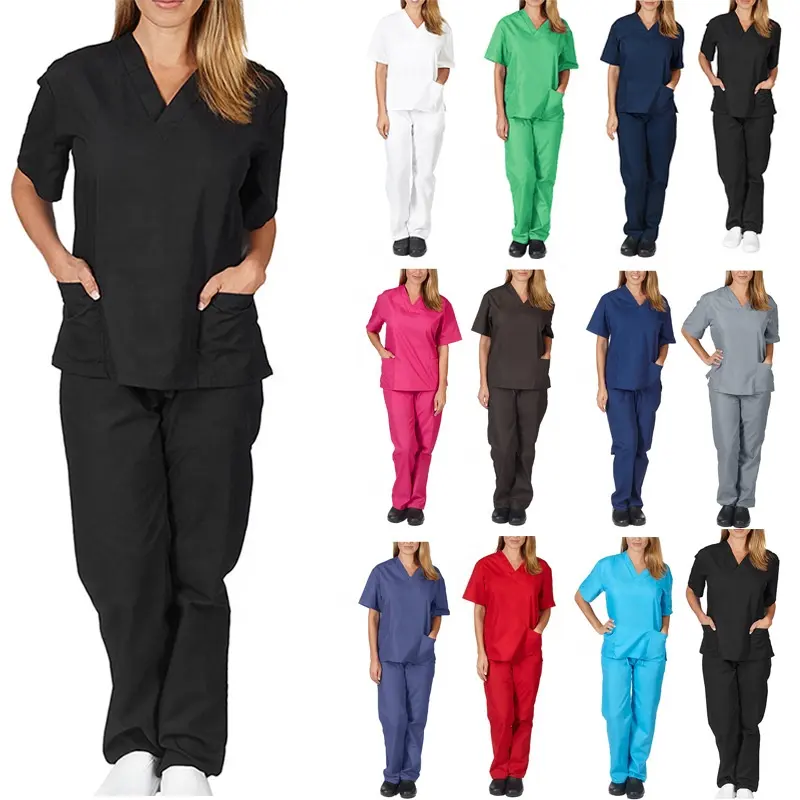 2023 Wholesale New 2 Piece Custom Logo Pocket V-Neck Nursing Work Two Piece Female Jogger Sets Scrubs Uniforms Sets Nurse