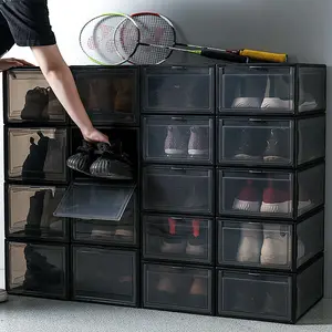 大きな靴収納ボックス、クローゼット用の透明なプラスチック製の積み重ね可能な靴オーガナイザー