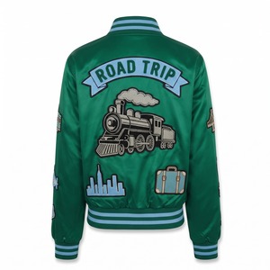 Chaqueta Bomber Corta de Satén para Mujer, Color Verde Esmeralda y Azul Cielo, con Parche de Tren de Vapor en Chenilla, Forro Sublimado, Logotipo Personalizado OEM - Product Image 2