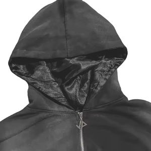 Sudaderas con capucha de peso pesado con estampado de abullonado bordado de chenilla de algodón pesado Sun Faded Vintage Wash Satin Lined Zip Up Process Impex - Product Image 6