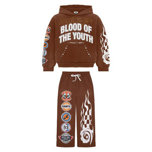 Ensemble sweat-shirt et pantalon de survêtement surdimensionné en coton 100% personnalisé OEM, coupe ample, broderie délavée, strass - Product Image 1