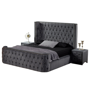 เตียงหุ้มเบาะที่ทันสมัยในผ้ากำมะหยี่สีเทาพร้อมหัวเตียงทรงสูงกรอบเบาะการออกแบบที่ทันสมัยและเฟอร์นิเจอร์ห้องนอนที่มีคุณภาพสูง - Product Image 1