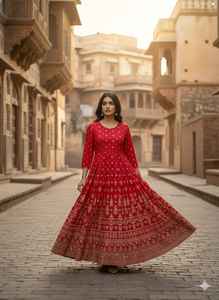 Vestido Anarkali Rajwada Ruby, vestido Rajputi. Este Anarkali fluido presenta delicados motivos en tono dorado. - Product Image 3