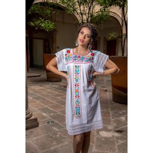 Vestido Casual de Verano para Mujer, Rojo, Bordado, de Algodón, Estilo Shift, Manga Corta, Bordado Floral Étnico - Product Image 2