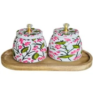 Pot en métal artisanal indien imprimé Pichwai pour cadeaux culturels cadeaux de retour de mariage pot de stockage décoratif fait à la main - Product Image 1