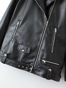 แจ็กเก็ตหนัง PU สำหรับผู้หญิง, แจ็กเก็ตมอเตอร์ไซค์ทรงหลวมแขนยาวดีไซน์ยาวยาวปานกลางเสื้อแจ็คเก็ตหนังถัก - Product Image 5