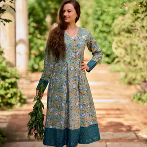 Bohemian Luella Dress Hand <b>Block</b> <b>Printed</b> Ikat Floral Calf Length Cotton Casual Occasional Wear - Product Image 1