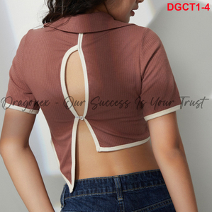 เวียดนาม Croptop พร้อมรอยแยกลึก Leaf-collar พร้อมปุ่มด้านหน้า 1 ปุ่มวัสดุยืดหยุ่นยางเย็นแฟชั่นฤดูร้อนใหม่ 2024 สลิมฟิต - Product Image 3