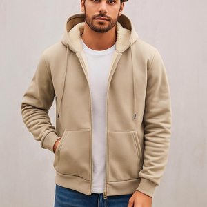 <b>Men's</b> 100% Cotton Knitted <b>Sherpa</b> <b>Lined</b> Fleece Solid <b>Hoodie</b> with Pocket Warm Winter Pullover Digital Printing OEM Service - Product Image 4