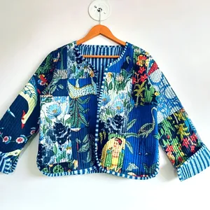 Indian Handmade Quilted patchwork Kantha Jacket & koat , Multi color Azrakh Patchwork Kimono
