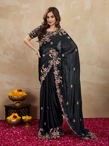 Sari décontracté en soie Rangoli pour femmes Trendmalls, lourdement brodé, pièce de chemisier non cousue (K954-Noir), mariage indien/pakistanais - Product Image 3