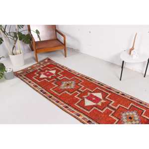 Turkish Vintage Rug, 2.7x10.2 ft Herki Rug, <b>Red</b> <b>Runner</b> Animal Print Rug - Product Image 3