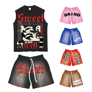 Ensemble de survêtement personnalisé avec logo imprimé, été, 2 pièces, chemise et short, ensemble de survêtement à lavage acide, t-shirts graphiques et short pour hommes - Product Image 1