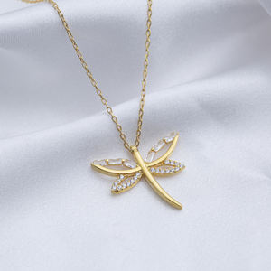 Dragonfly Charm <b>Necklace</b> with Baguette CZ Stone Trendy 925 <b>Silver</b> Wholesale Women Handcrafted Jewelry - Product Image 4