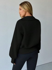 Sudadera negra con cremallera diagonal para mujer, Jersey recortado de lana de algodón pesado de cuello alto, ropa de calle de manga larga con logotipo personalizado de gran tamaño - Product Image 2