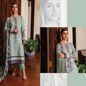 Elegante traje con estampado de césped puro con parches bordados Semi Lawn Bottom y Dupatta de gasa de algodón para un aspecto perfecto - Product Image 1