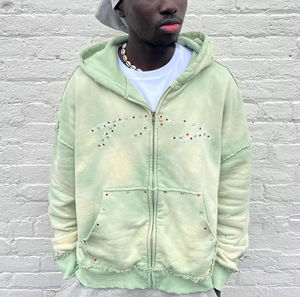 Vintage Streetwear Y2K Rhinestone French Terry Acid Washed Sun Faded Heavyweight <b>Zip</b> <b>Up</b> Custom Oversized Hoodie For Men - Product Image 6