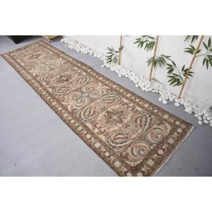 2.7x10.7 ft Rug, Vintage Rug, Turkish <b>Brown</b> <b>Wool</b> Striped Rug - Product Image 4