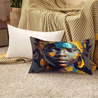 Coussin à motif imprimé femme africaine brune - Mélange polyester/coton écologique - Amovible et lavable - Décoration moderne pour chambre à coucher
