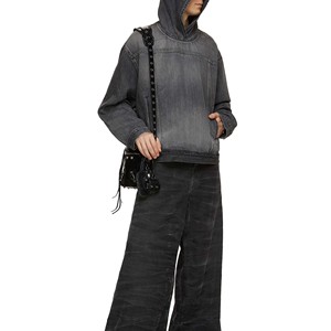 Streetwear personnalisé pour hommes OEM, sweats à capuche bleu clair délavé à l'acide, tissu denim en coton mélangé, cordon de serrage à fermeture éclair, teint uni pour l'hiver - Product Image 3