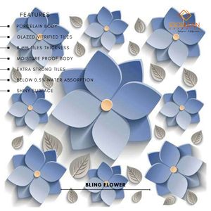 Carreaux de mur en porcelaine vitrifiée de fleur blanche bleue de haute qualité de 60x60 cm finition brillante pour la salle de bains résidentielle de luxe-Offre Spéciale! - Product Image 4