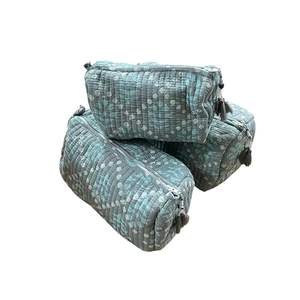 Light Green Handblock Cotton Vintage Case <b>Large</b> Waterproof Machine Washable Travel Cosmetic Pouch Set for Makeup <b>Storage</b> - Product Image 1